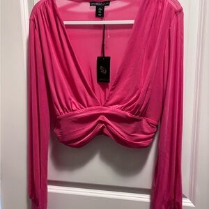NWT Sincerly Jules pink deep v top long sleeves size M sheer gathered waist